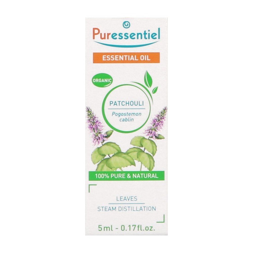 Flacon d'huile essentielle Puressentiel Patchouli, verso avec sceaux BIO et Cosmos Organic.