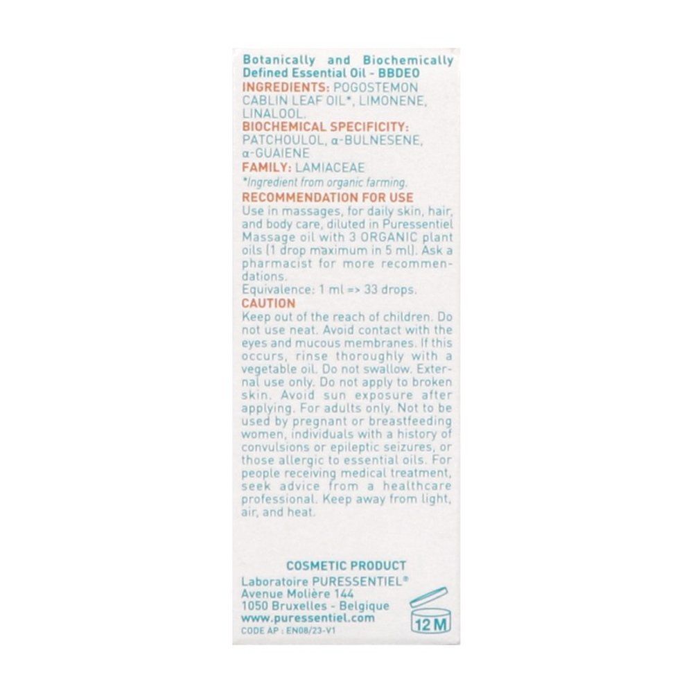 Flacon d'huile essentielle Puressentiel Patchouli, verso avec détails et sceaux.