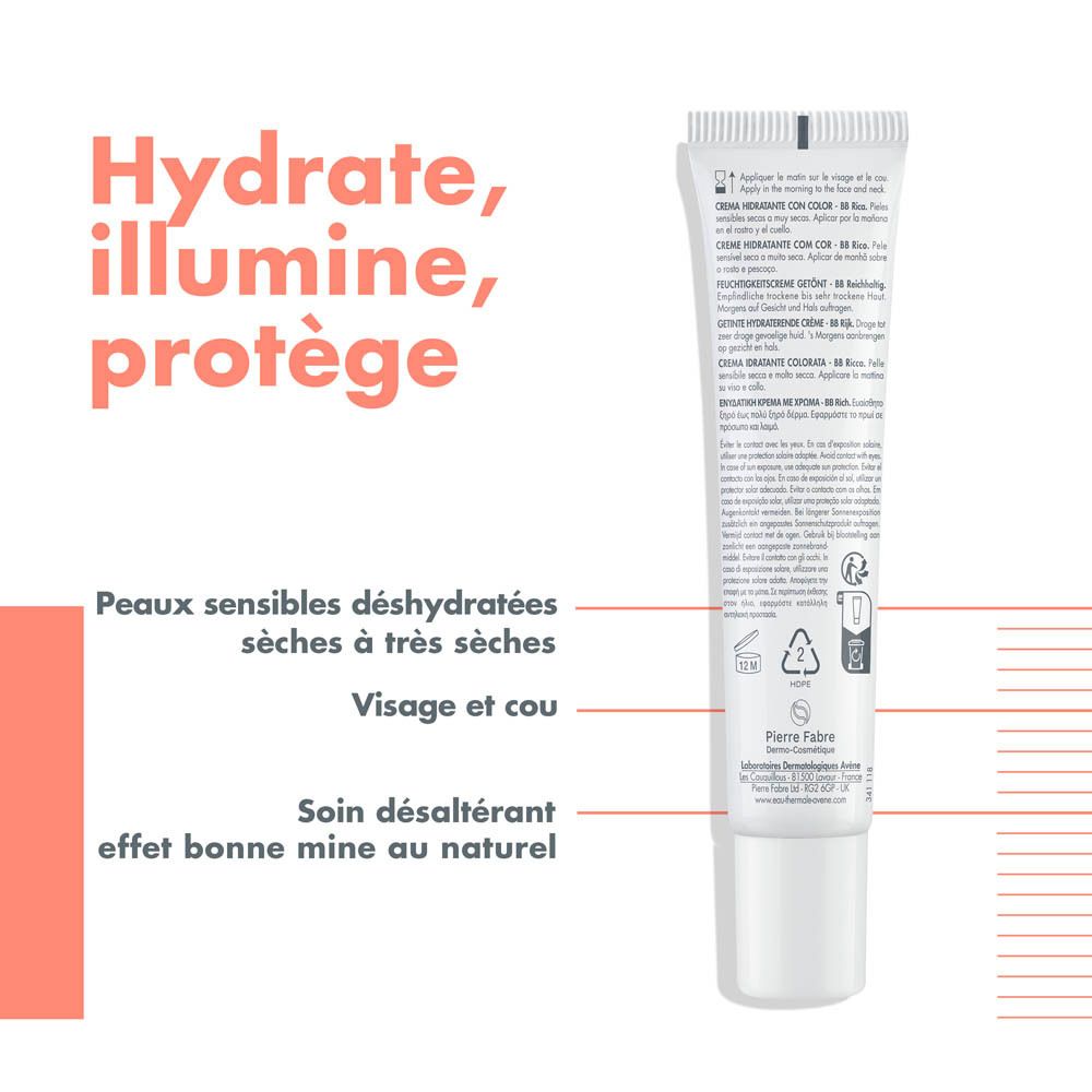 Emballage du produit. Tube et boîte. Avène Hydrance BB-Rich, crème hydratante teintée, SPF 30.
