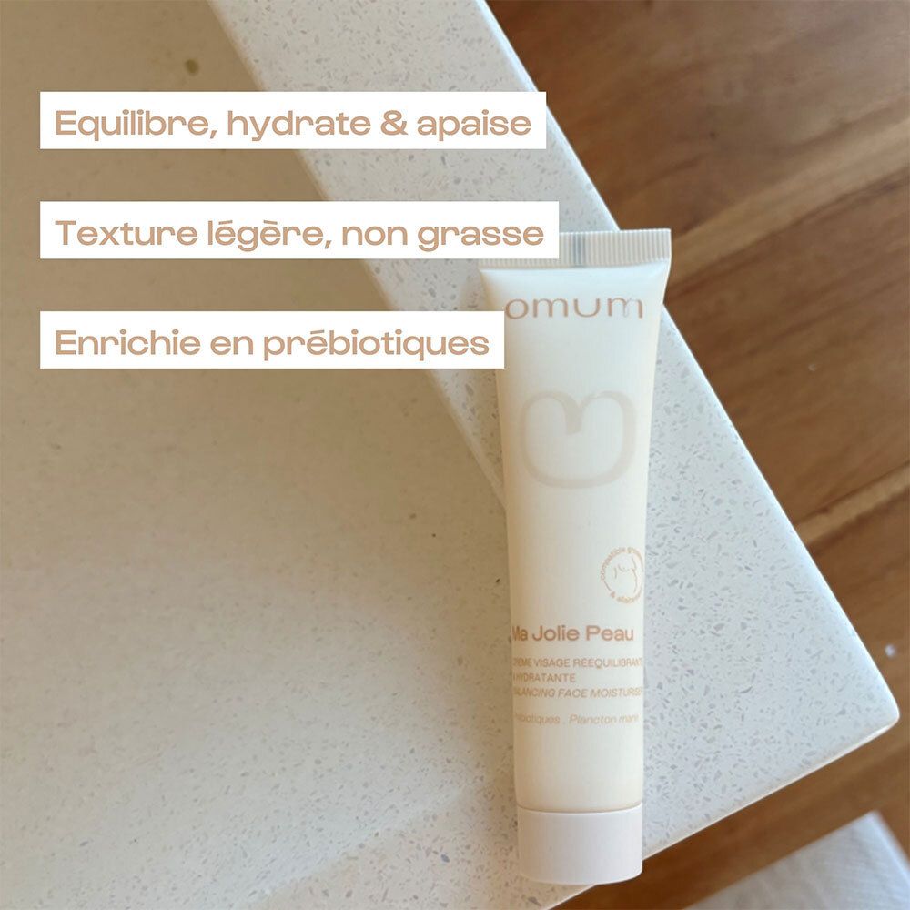 Dos de l'emballage. Texte: La cosmétique positive, saine et efficace! omum.