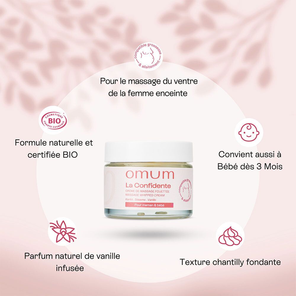 Dos du coffret cadeau. Inscription: omum L'instant Câlin. Texte et ingrédients.