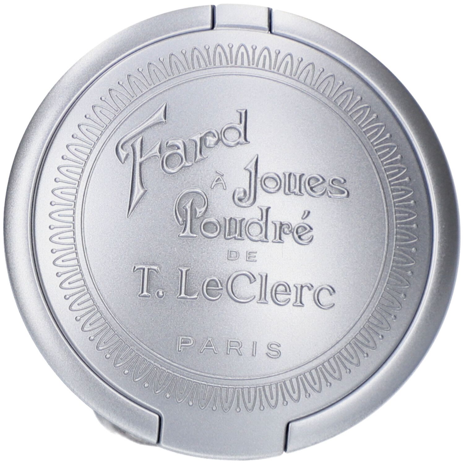 Boîtier rond argenté avec gravure. Texte: Far à Joues Poudré de T. LeClerc, Paris.