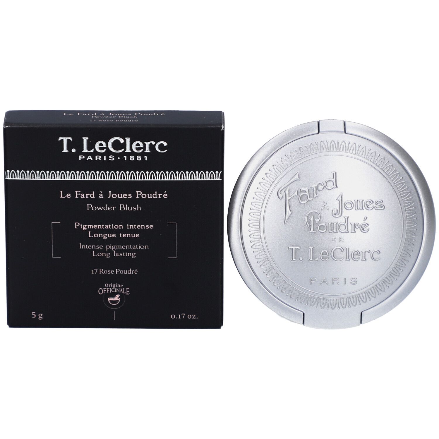 Emballage noir et boîtier argenté. Texte: T. LeClerc, Le Fard à Joues Poudré, 5g, 0.17 oz.