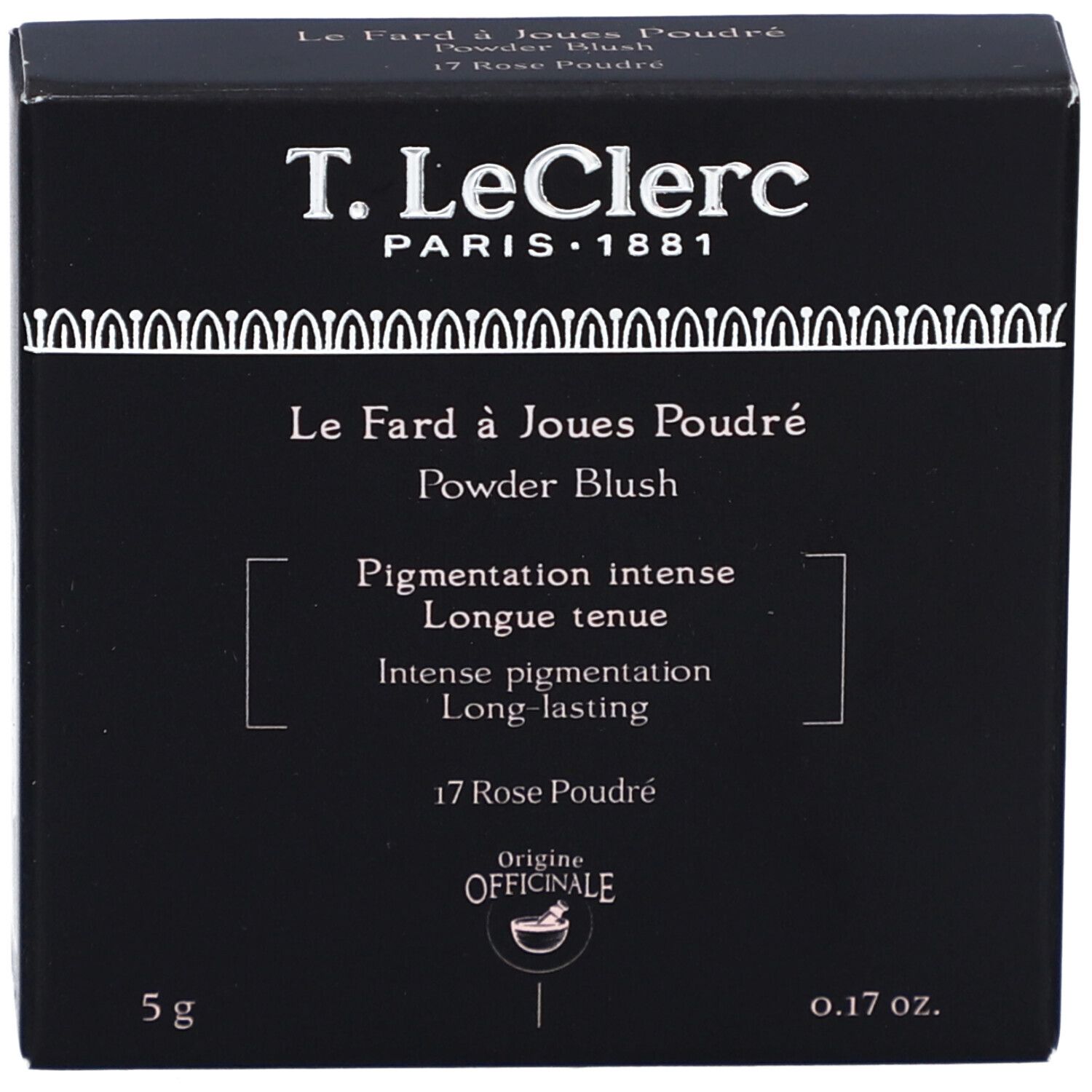 Emballage noir. Texte: T. LeClerc, Le Fard à Joues Poudré, 17 Rose Poudré, 5g, 0.17 oz.