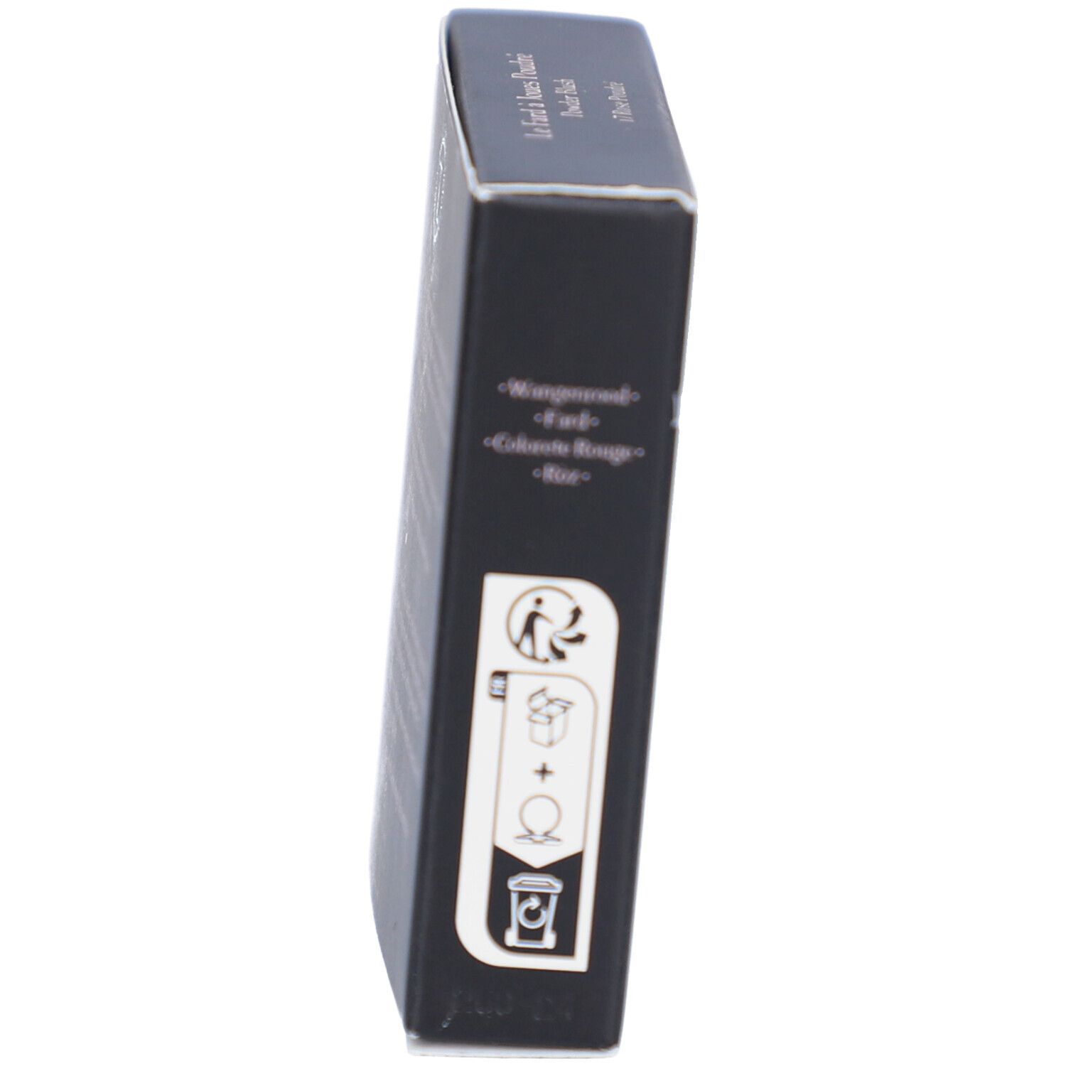 Emballage noir, vue latérale. Texte: Le Fard à Joues Poudré, Rose.