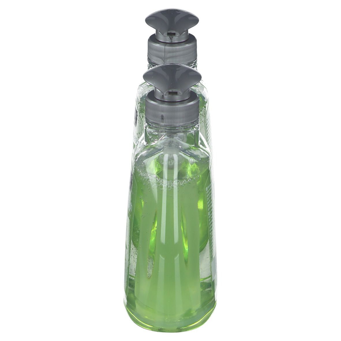 Zwei Seifenspender, seitliche Ansicht. Transparente Flaschen mit grünem Inhalt. Graue Pumpköpfe. Bodysol Handwash Detox.