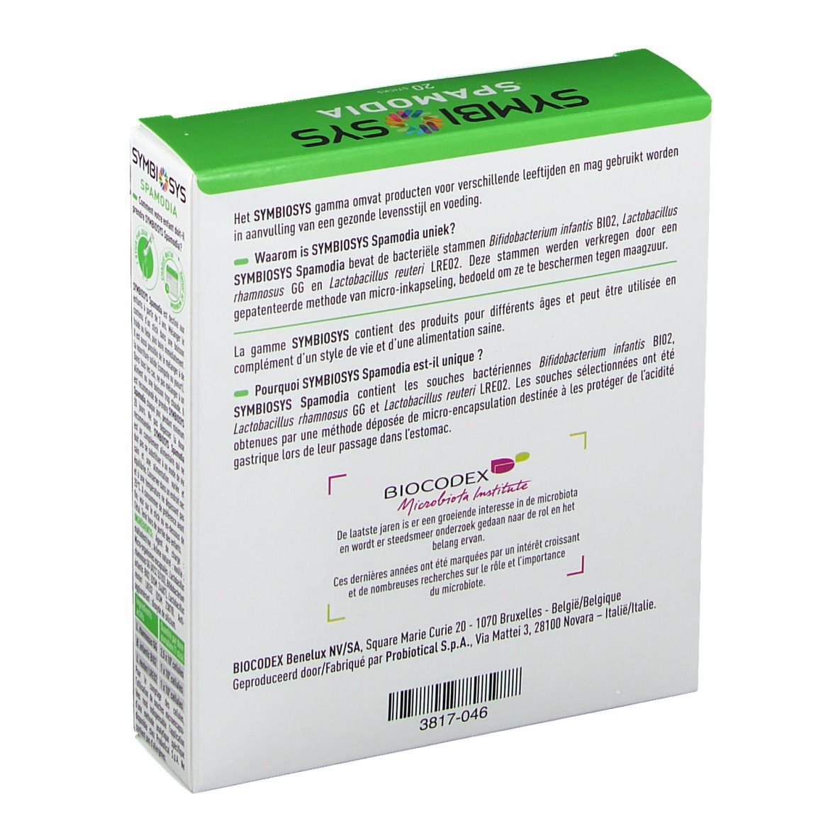 Rückseite der Symbiosys Spamodia Verpackung. Weiß mit grünen Akzenten. Text und Logos. Biocodex Logo.