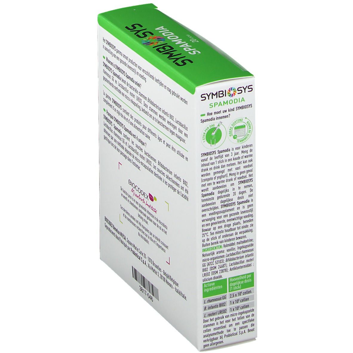 Rückseite der Symbiosys Spamodia Verpackung. Weiß mit grünen Akzenten. Text und Logos. Biocodex Logo.