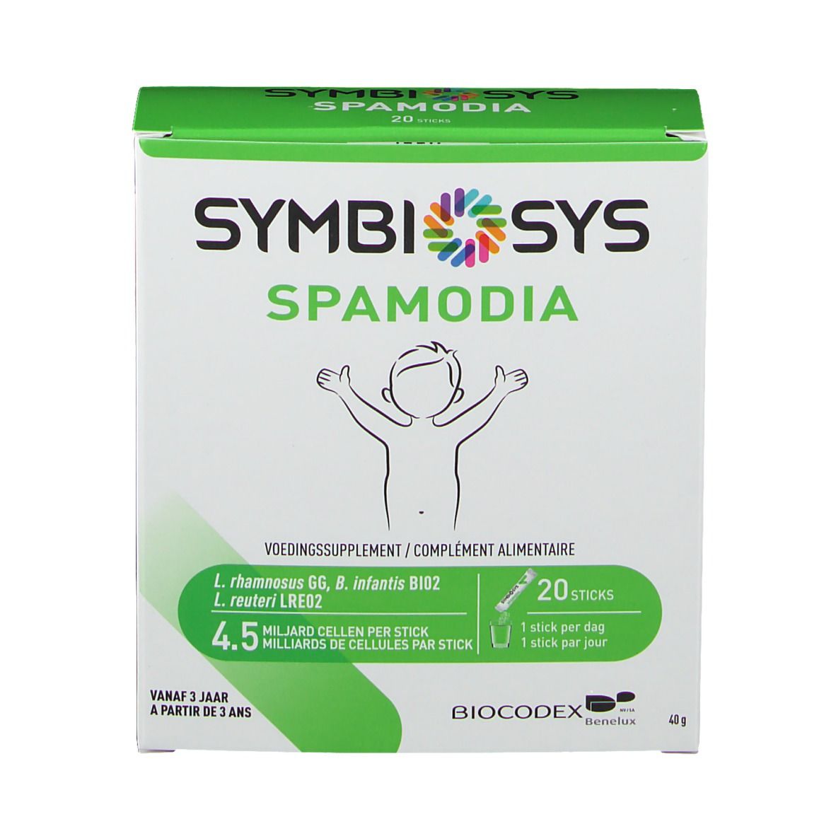 Vorderseite der Symbiosys Spamodia Verpackung. Weiß mit grünen Akzenten. Text: Symbiosys, Spamodia, Illustration Kind. 20 Sticks.