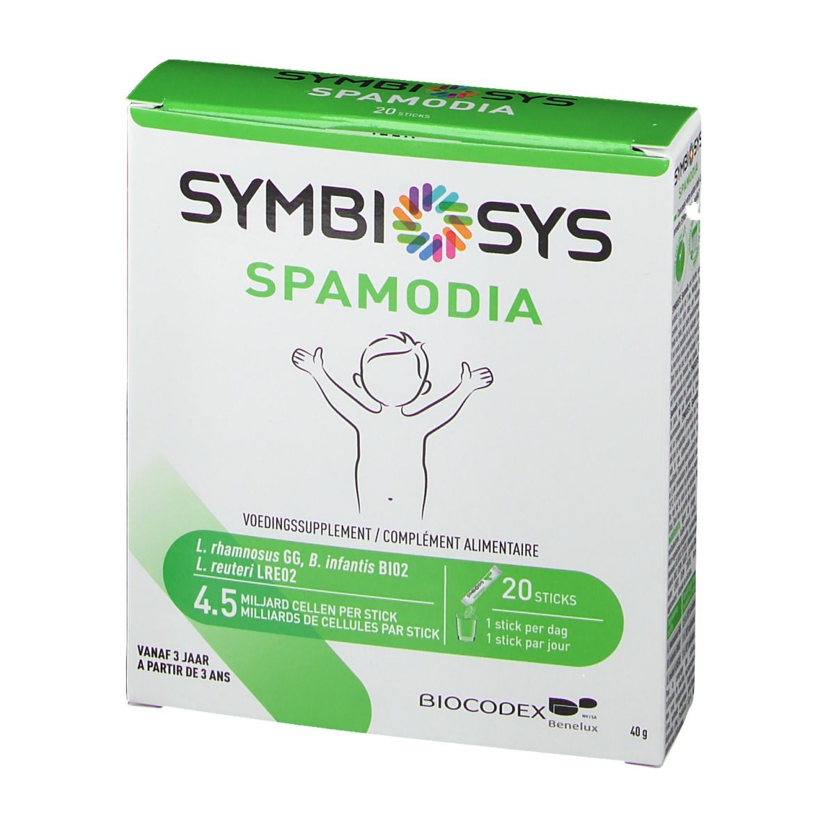 Vorderseite der Symbiosys Spamodia Verpackung. Weiß mit grünen Akzenten. Text: Symbiosys, Spamodia, Illustration Kind. 20 Sticks.