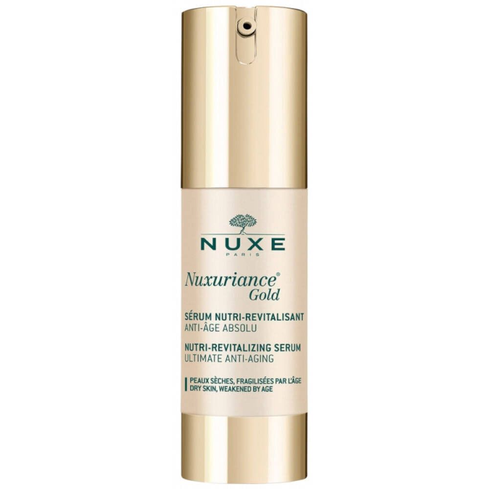 Goldfarbene Serumflasche mit Aufschrift NUXE Paris, Nuxuriance Gold. Anti-Aging-Serum für trockene Haut.