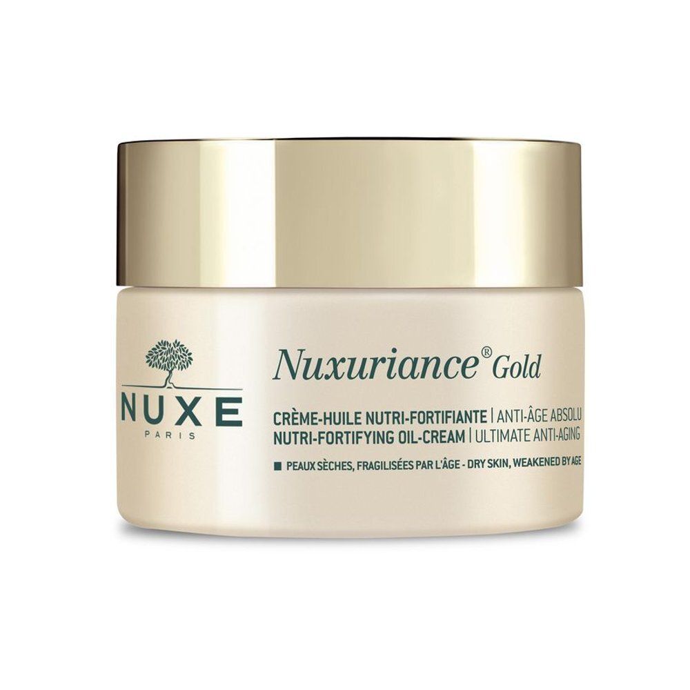Arrière de la Nuxe Nuxuriance Gold Crème-Huile avec instructions d'utilisation multilingues.