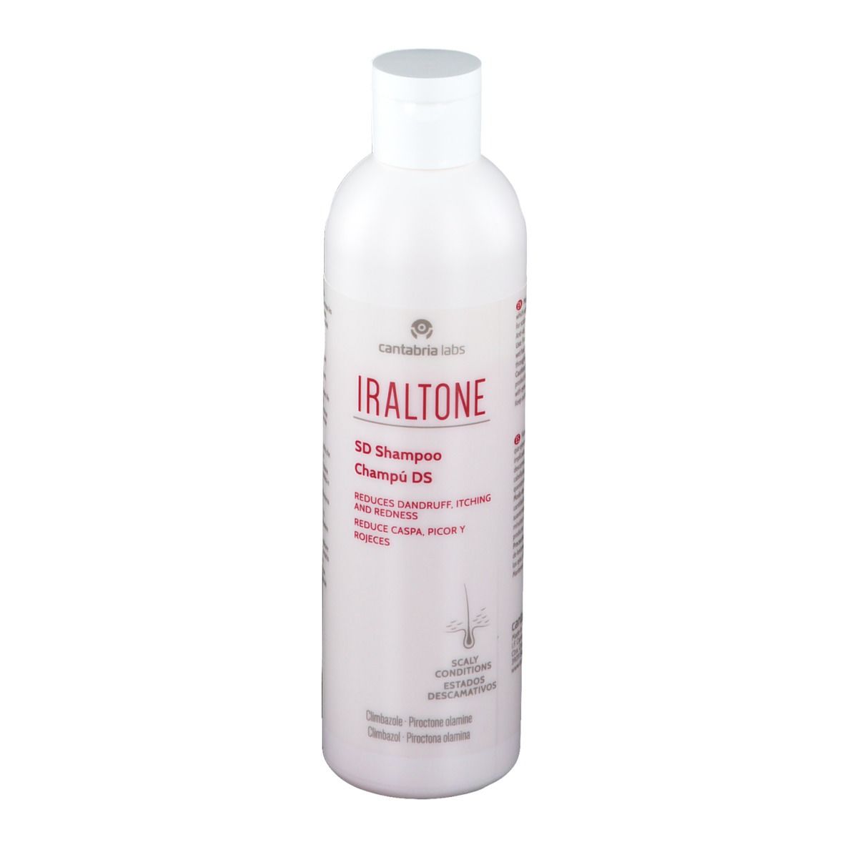 Weiße Flasche mit roter Aufschrift. Produktname: Iraltone SD Shampoo. Reduziert Schuppen, Juckreiz und Rötung. Mit weißem Deckel.