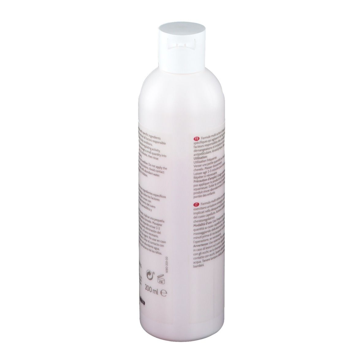 Rückseite einer weißen Flasche. Text in mehreren Sprachen. Produktname: Iraltone SD Shampoo. Mit weißem Deckel. 200 ml.