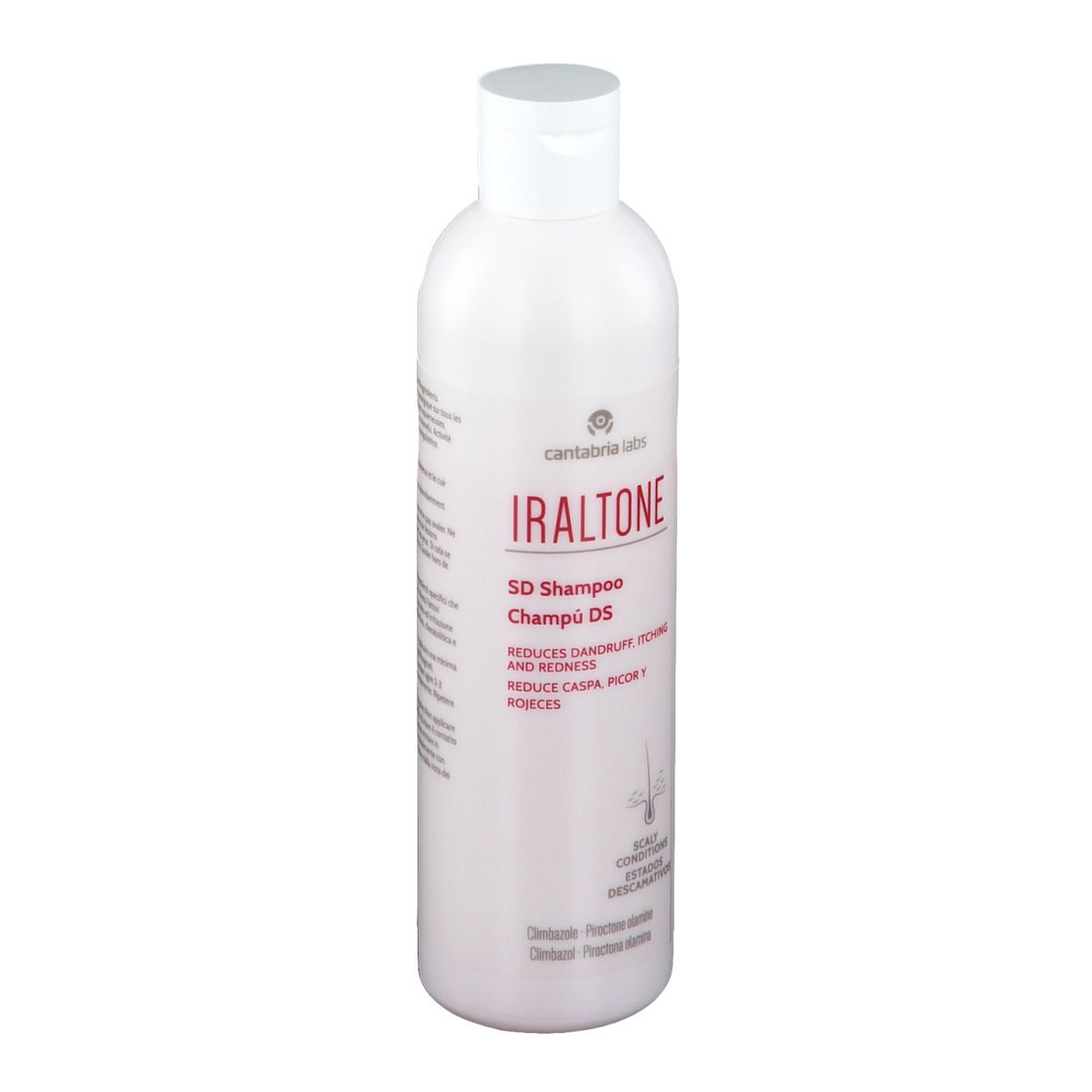 Weiße Flasche mit roter Aufschrift. Produktname: Iraltone SD Shampoo. Reduziert Schuppen, Juckreiz und Rötung. Mit weißem Deckel.