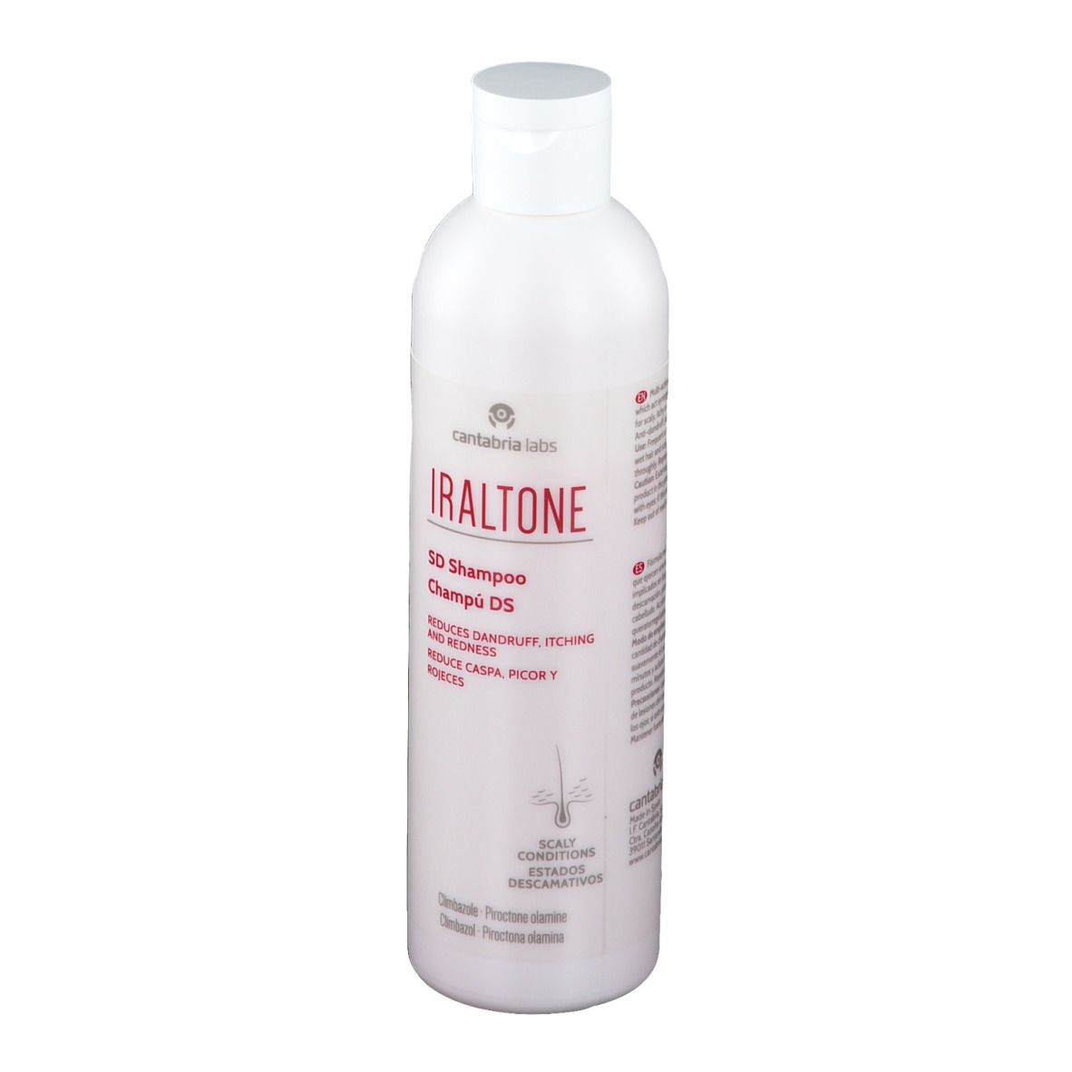 Weiße Flasche mit roter Aufschrift. Produktname: Iraltone SD Shampoo. Reduziert Schuppen, Juckreiz und Rötung. Mit weißem Deckel.