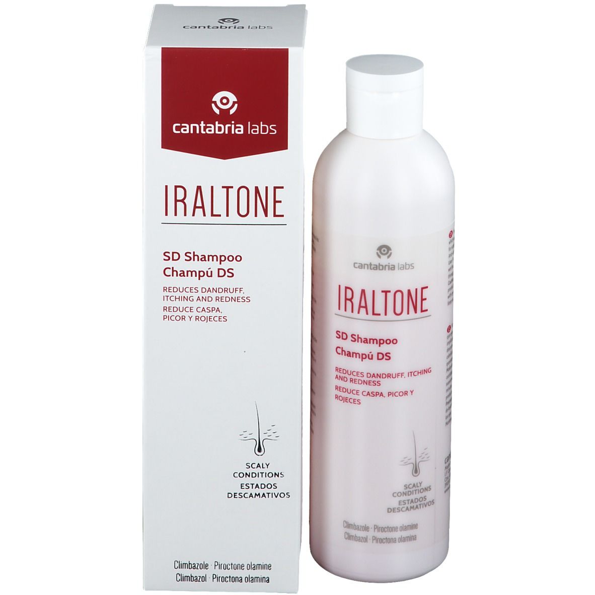 Produkt Iraltone SD Shampoo mit Verpackung. Weiße Flasche und Schachtel mit roter Aufschrift. Reduziert Schuppen, Juckreiz und Rötung.