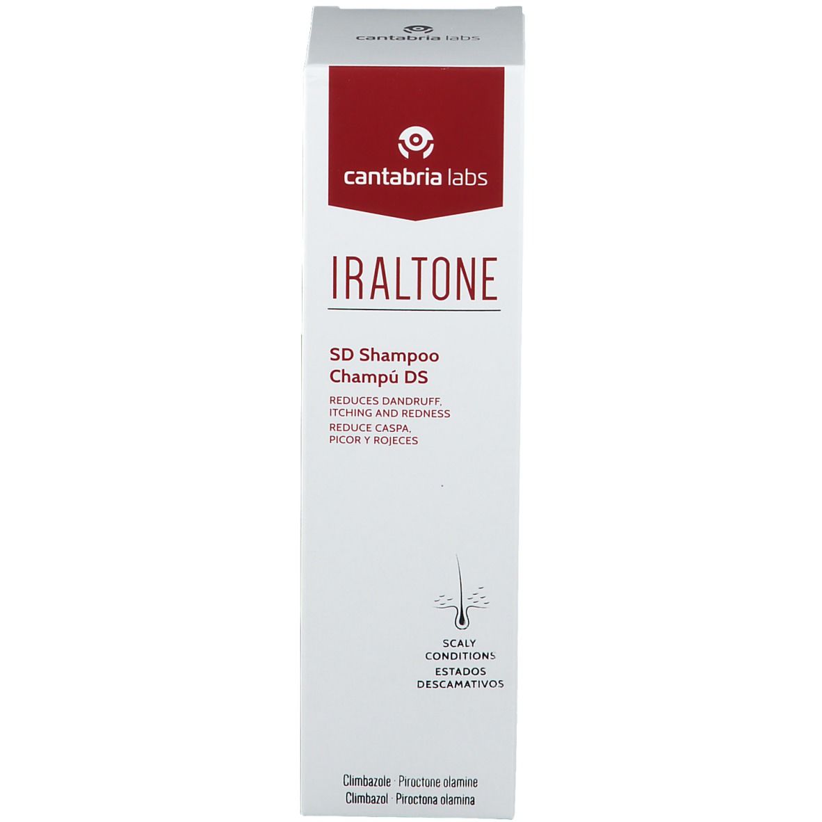 Schachtel mit roter Aufschrift. Produktname: Iraltone SD Shampoo. Reduziert Schuppen, Juckreiz und Rötung. Mit weißem Hintergrund.