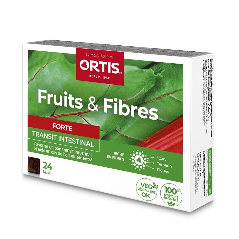 Ortis Fruits & Fibres Forte: Emballage avec mention "Nouveau Look, Même Produit".