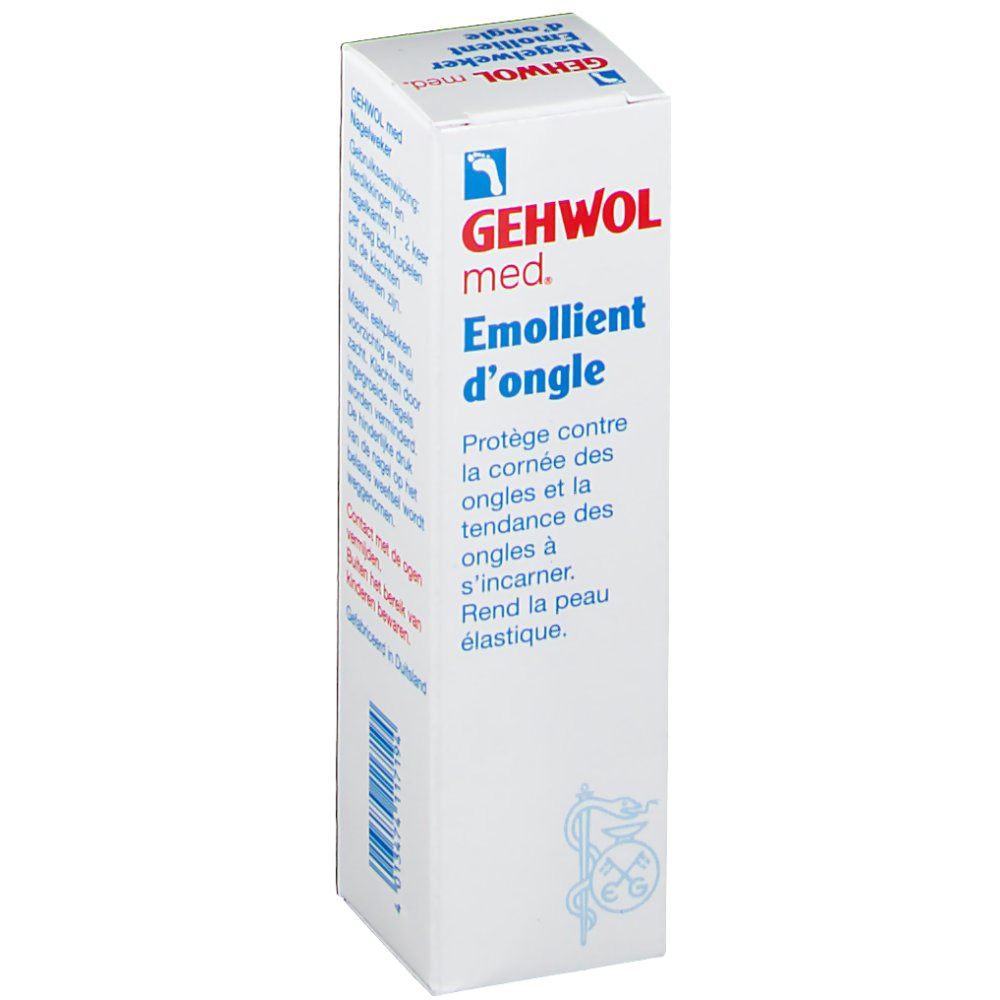 GEHWOL med. Emollient d'ongle. Boîte blanche avec nom et logo du produit. Texte en français: Protège contre la corneé des ongles.