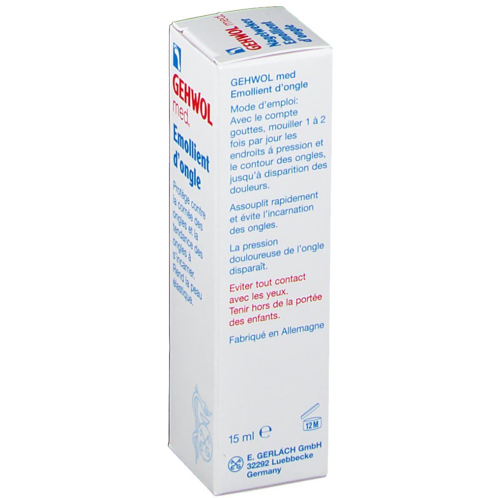 GEHWOL med. Emollient d'ongle. Boîte blanche avec nom et logo du produit. 15 ml. Texte en français: Mode d'emploi.