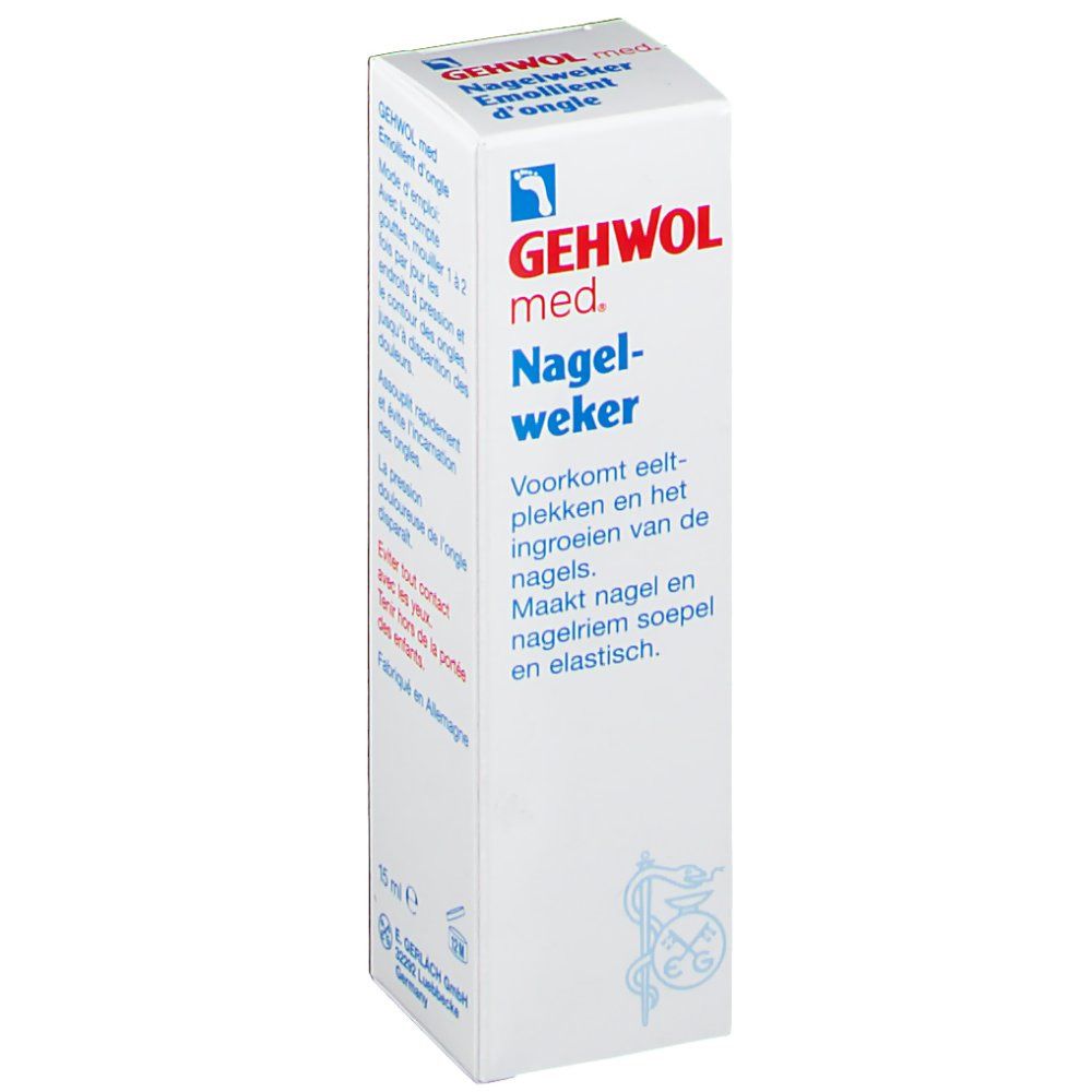 GEHWOL med. Nagelweker. Boîte blanche avec nom et logo du produit. Texte en néerlandais: Voorkomt eeltplekken en het ingroeien van de nagels.