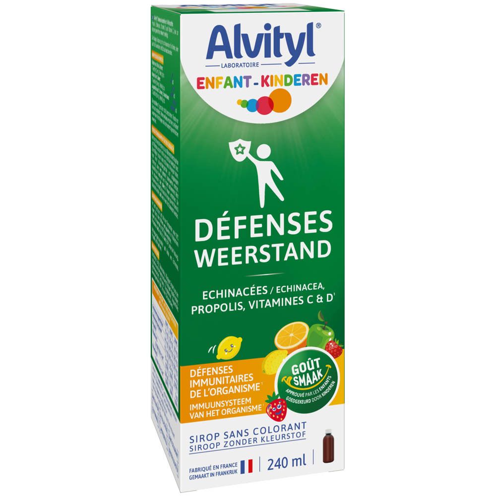 Alvityl Défenses Weerstand. Verpackung. Enthält Echinacea, Propolis, Vitamine C & D. 240 ml. Für Kinder.