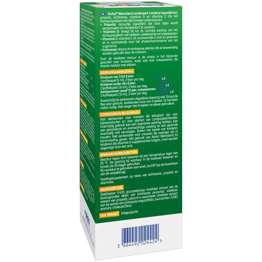 Rückseite der Alvityl Défenses Weerstand Verpackung. Text in Niederländisch. Enthält Informationen über das Produkt.