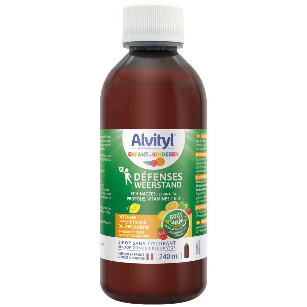 Alvityl Défenses Weerstand Flasche. Enthält Echinacea, Propolis, Vitamine C & D. 240 ml. Weißer Deckel.
