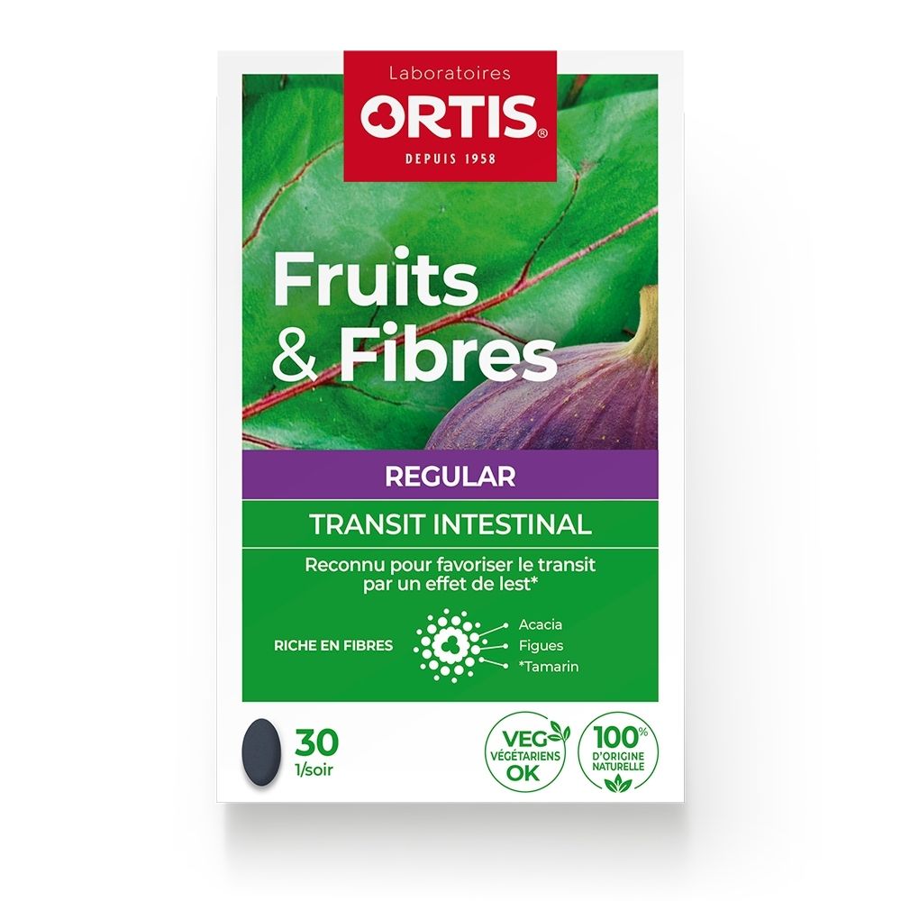 Ortis Fruits & Fibres Regular Transit Intestinal Programme boîte de 30 comprimés, avec image de figues et rhubarbe.