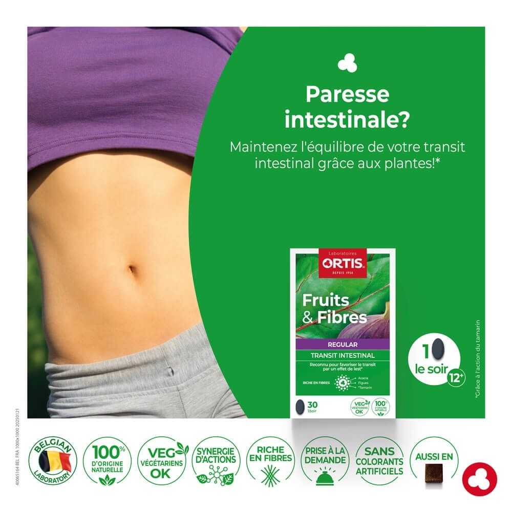 Ortis Fruits & Fibres Regular Transit Intestinal Programme boîte de 30 comprimés, vue latérale avec informations produit.