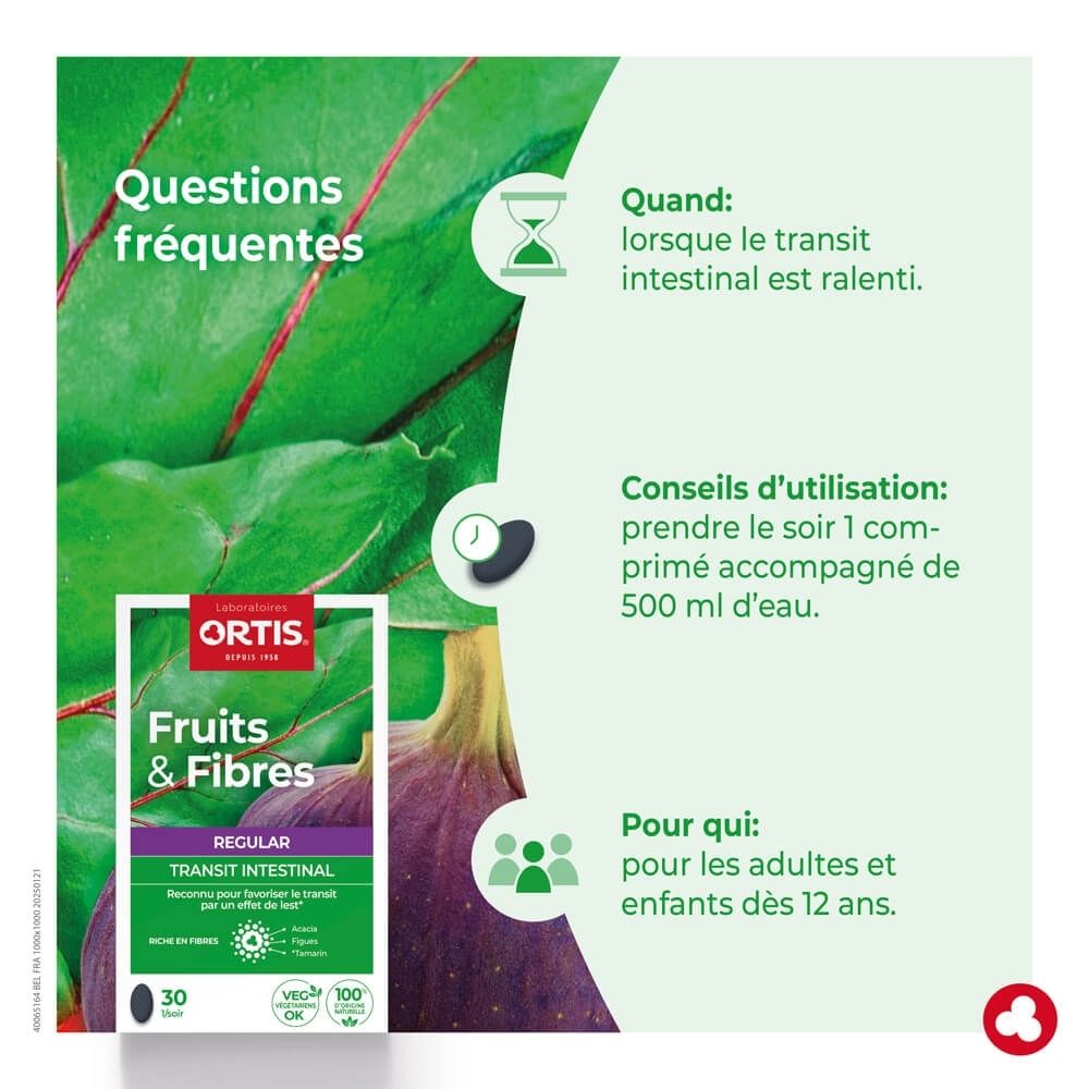 Ortis Fruits & Fibres Regular Transit Intestinal Programme boîte de 30 comprimés, vue latérale avec informations produit.