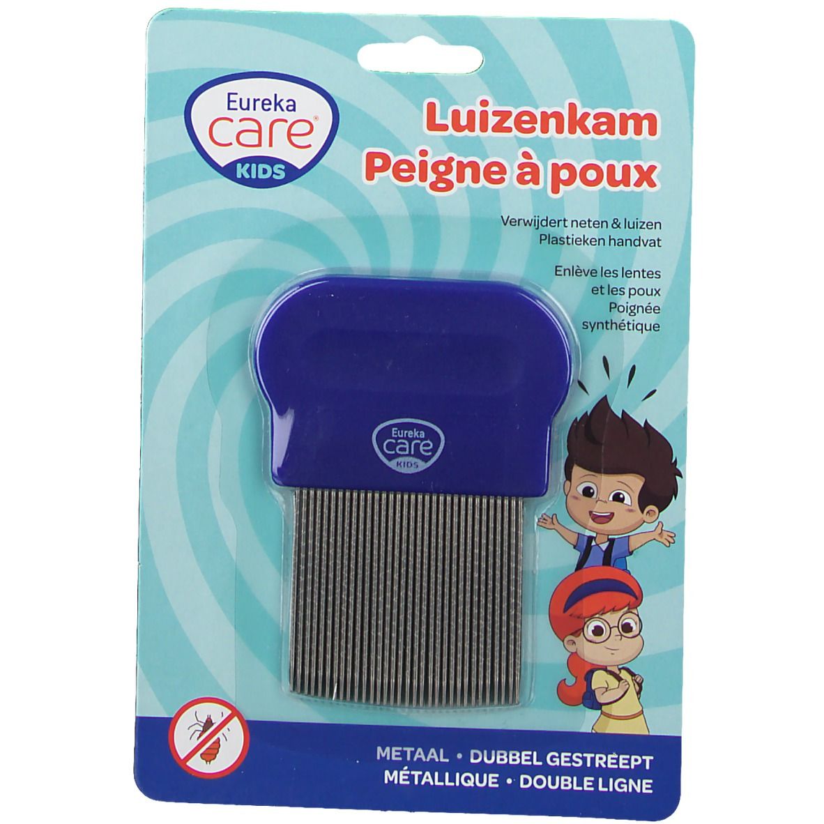 Blau-silberner Kinder-Metall-Lauskamm in Verpackung. Marke: Eureka Care Kids. Doppelreihige Metallzähne, Kunststoffgriff. Aufmachung mit Comicfiguren.