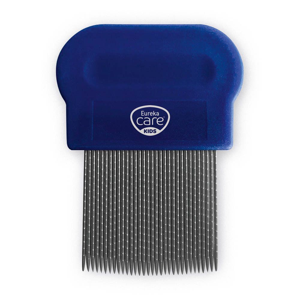 Péigne à poux pour enfants, bleu. Marque : Eureka Care Kids. Dents métalliques doubles, manche plastique. Vue rapprochée du peigne.