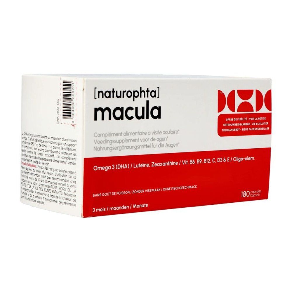 Boîte NaturOptha Macula complément alimentaire pour la vision, 180 capsules.