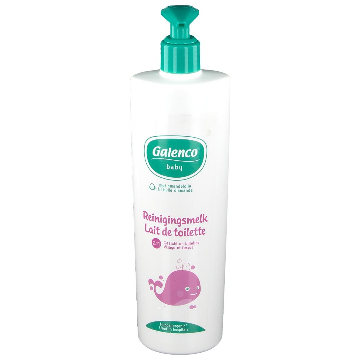 Flacon blanc avec pompe verte. Inscription : Galenco baby, Reinigungsmelk, Lait de toilette. Avec illustration.