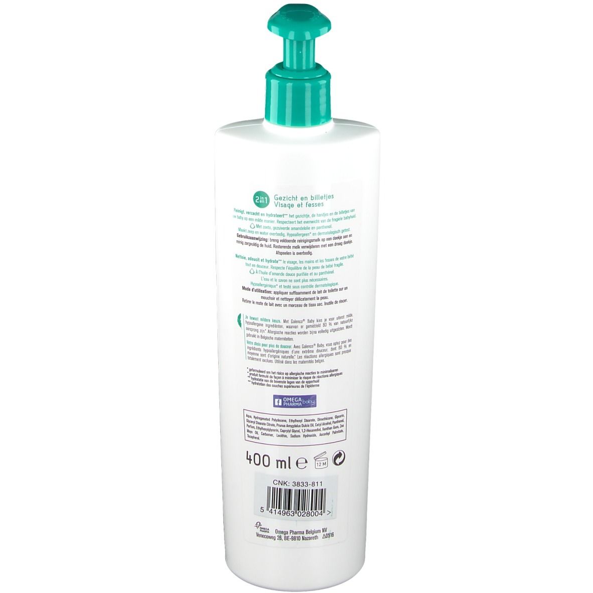 Flacon blanc avec pompe verte. Dos avec texte et informations. Volume : 400 ml.