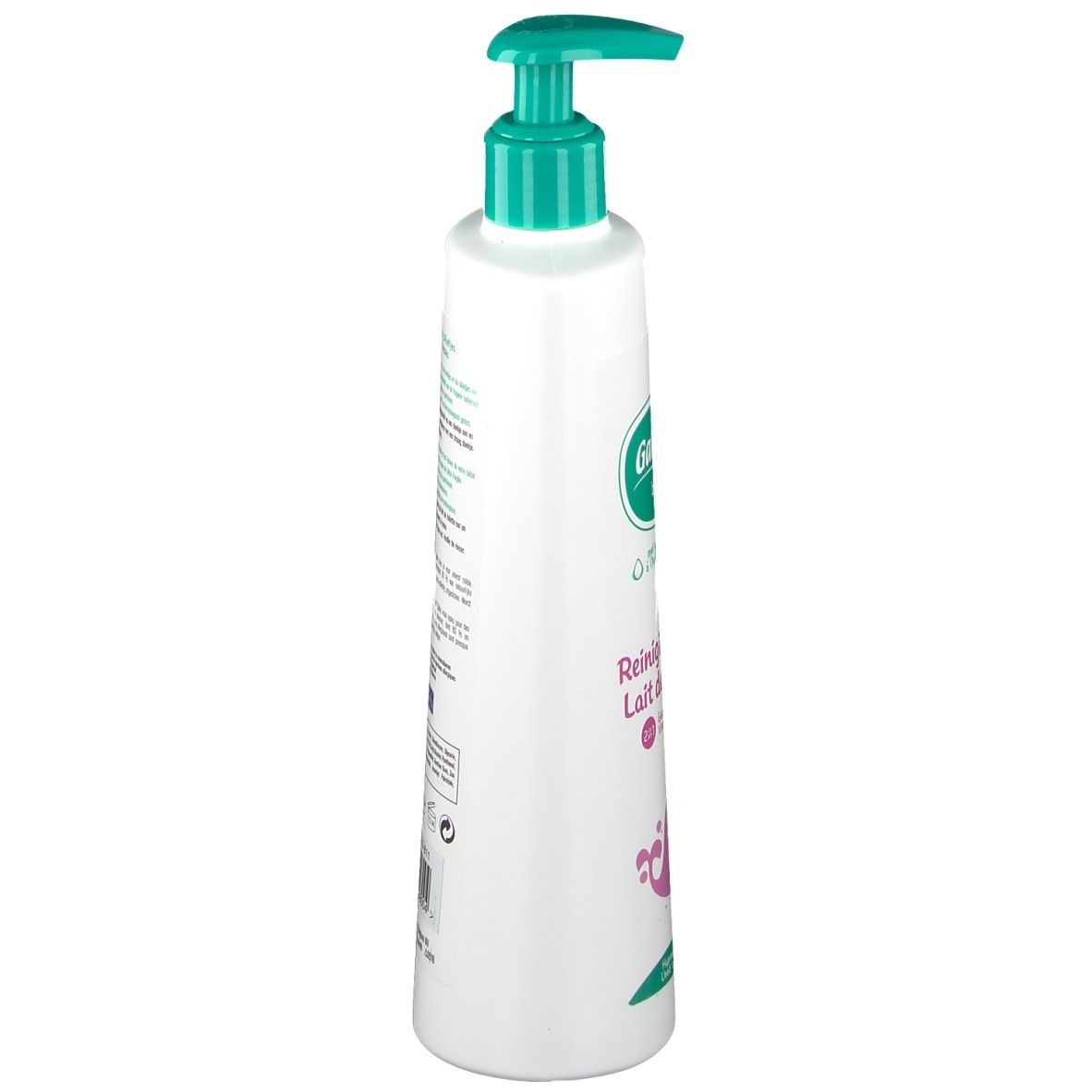 Flacon blanc avec pompe verte. Inscription : Galenco baby, Reinigungsmelk, Lait de toilette. Vue latérale.