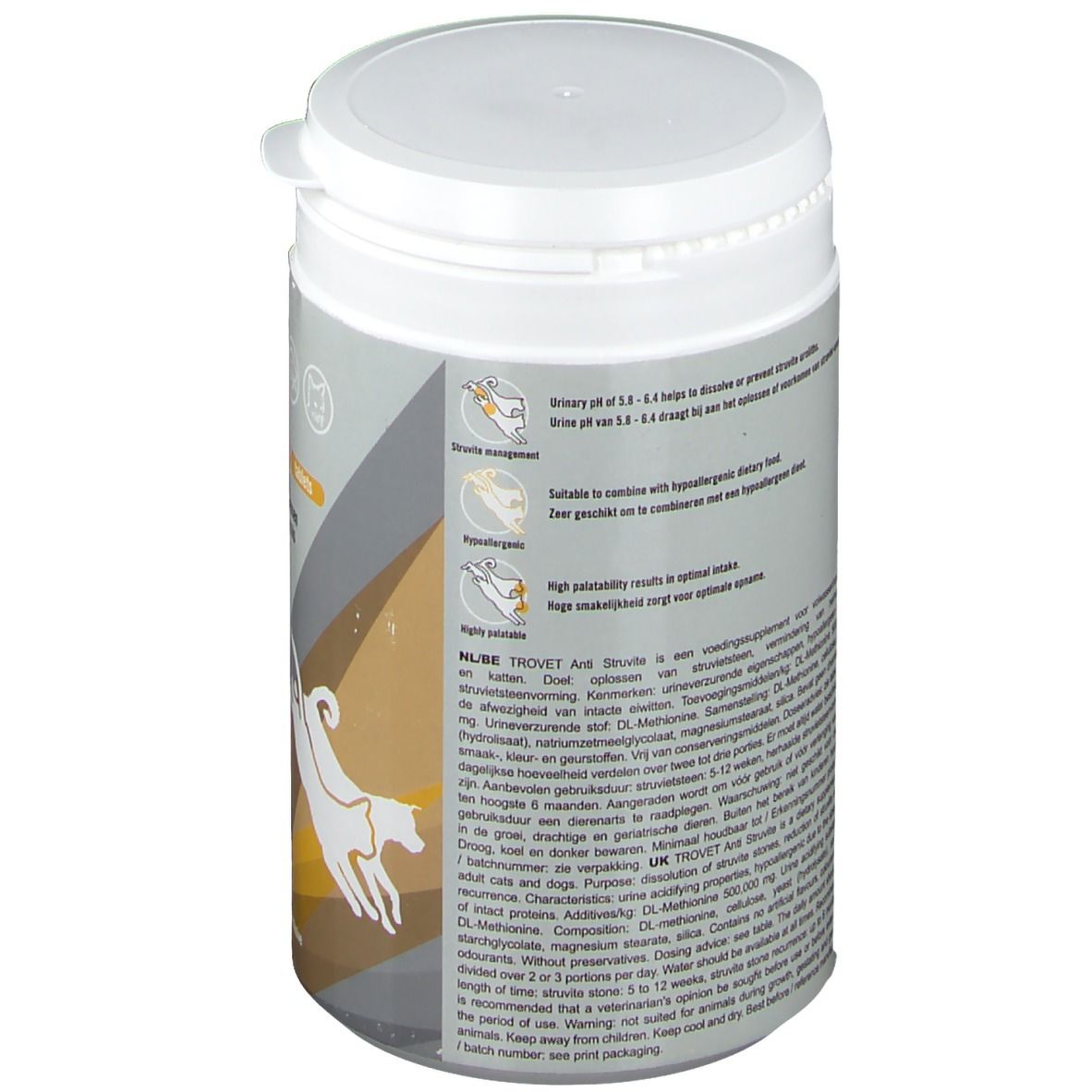 Rückseite der weißen Dose. Textabschnitte in mehreren Sprachen. Illustrationen von Hunden und Katzen. Informationen zur Anwendung.