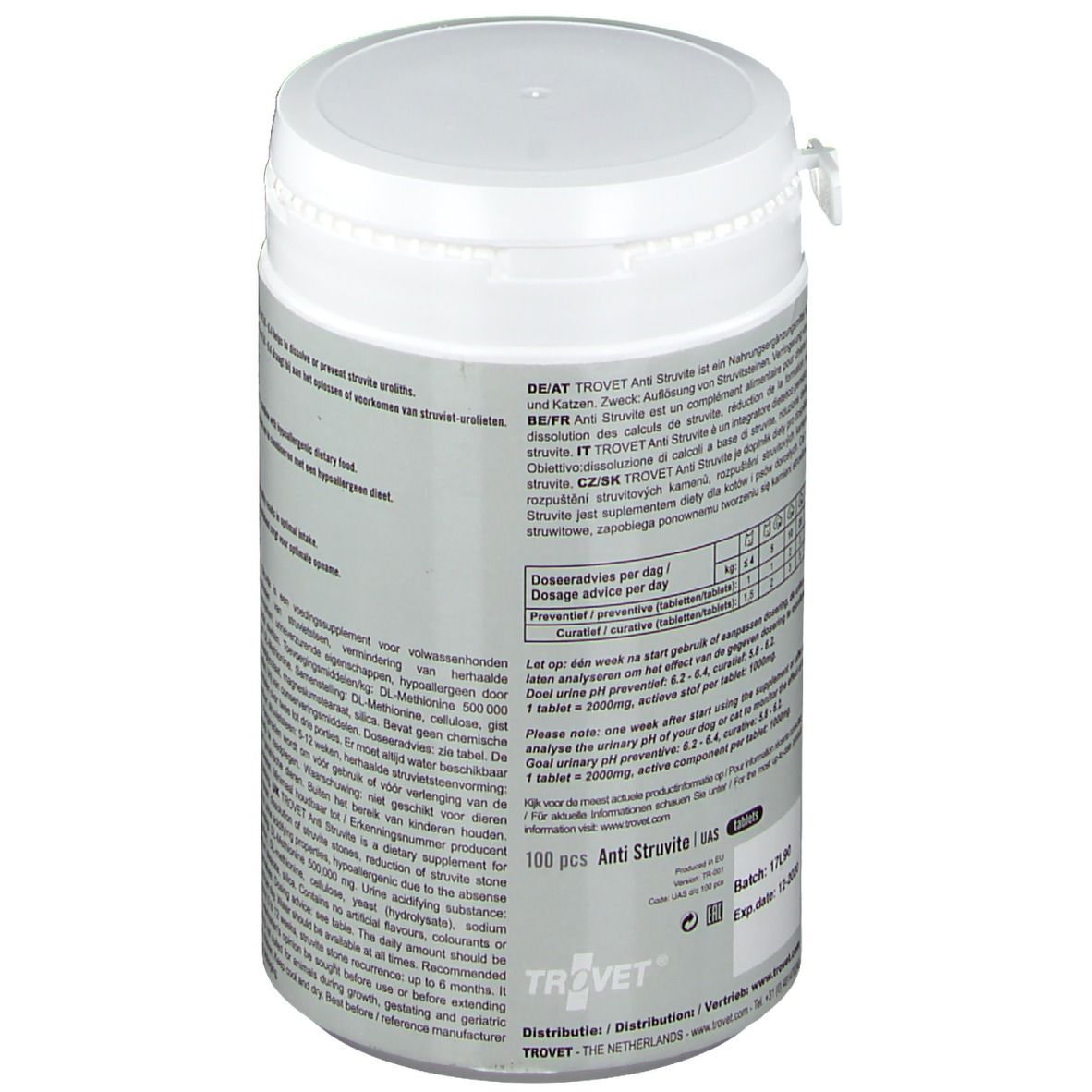 Weiße Dose mit Deckel. Text in mehreren Sprachen. Dosierungsempfehlungen. Aufschrift: 100 pcs Anti Struvite uas.