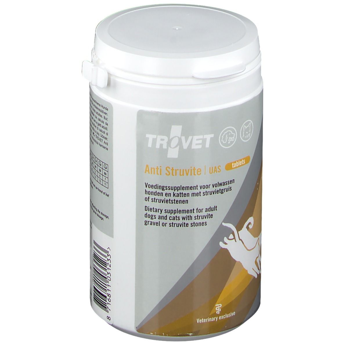 Weiße Dose mit Deckel. Aufschrift: Trovet Anti Struvite UAS tablets. Ergänzungsfuttermittel für Hunde und Katzen mit Struvitsteinen.