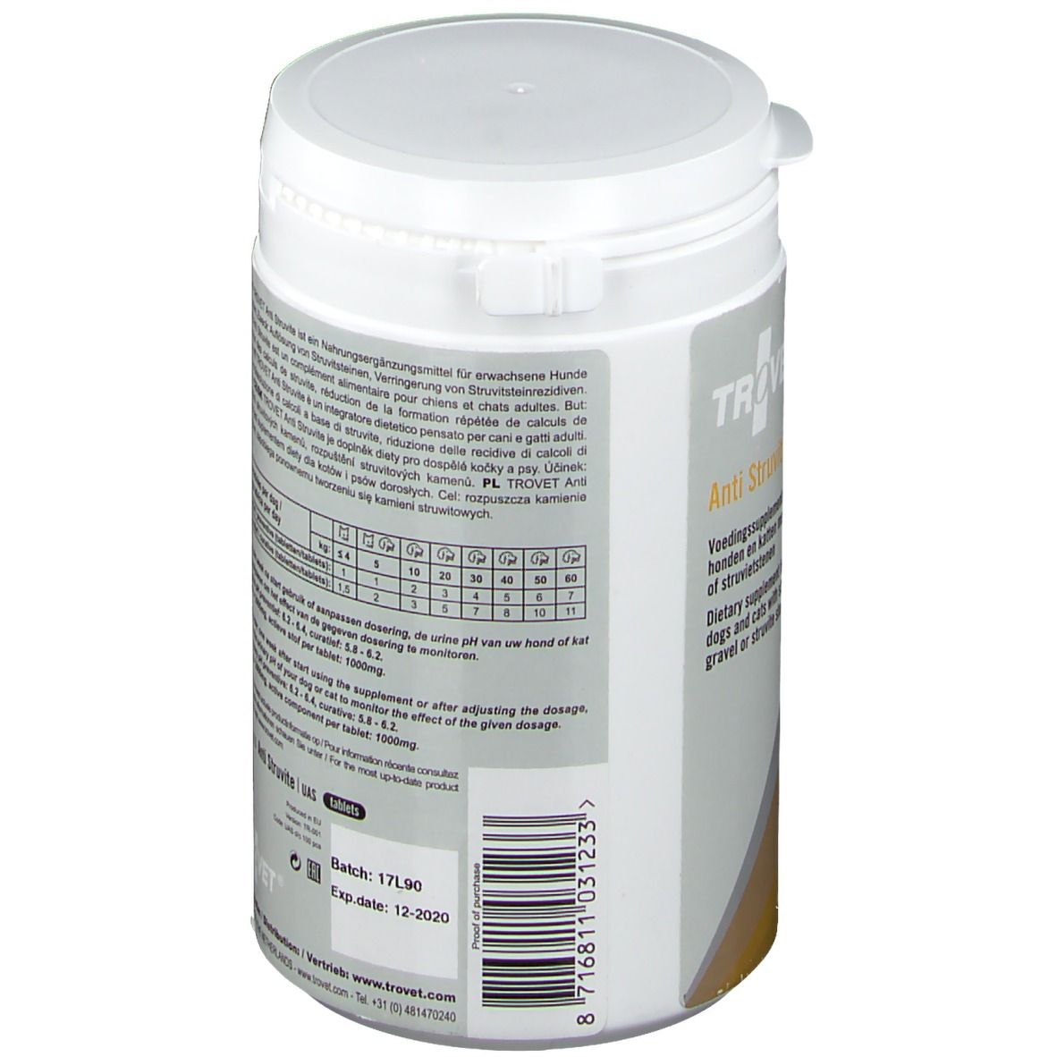 Rückseite der weißen Dose. Text in mehreren Sprachen. Dosierungsempfehlungen. Chargennummer und Verfallsdatum.