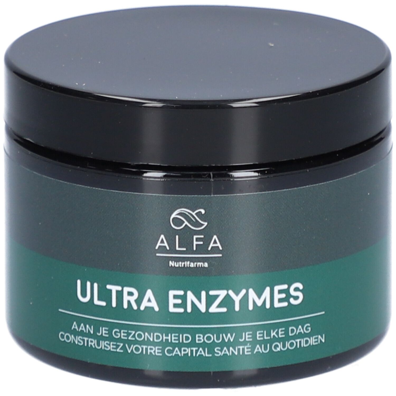 Dunkle Dose mit schwarzem Deckel. Aufschrift: ULTRA ENZYMES. Grüner Streifen mit Text. Marke: ALFA.