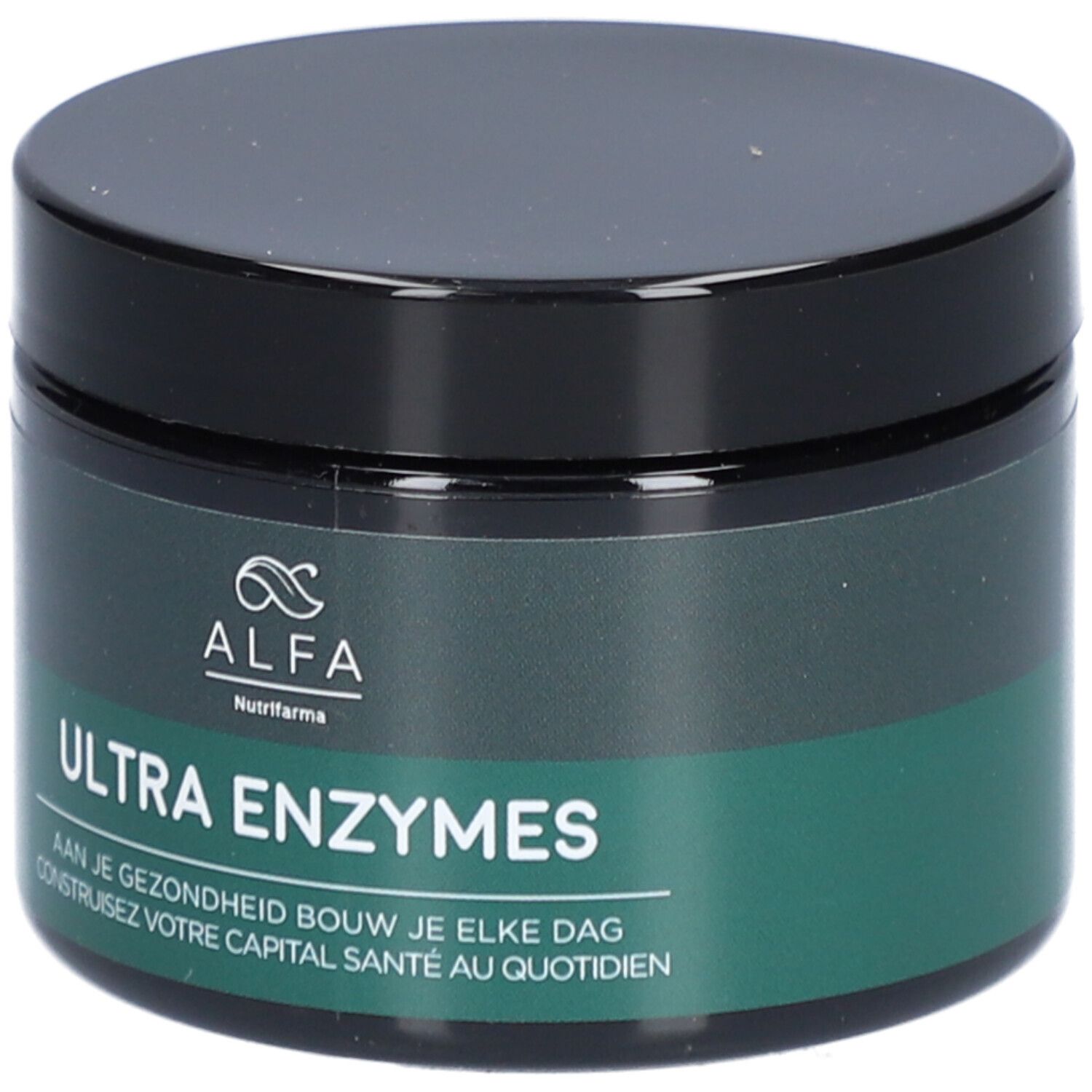 Dunkle Dose mit schwarzem Deckel. Aufschrift: ULTRA ENZYMES. Marke: ALFA. Grüner Streifen mit Text.