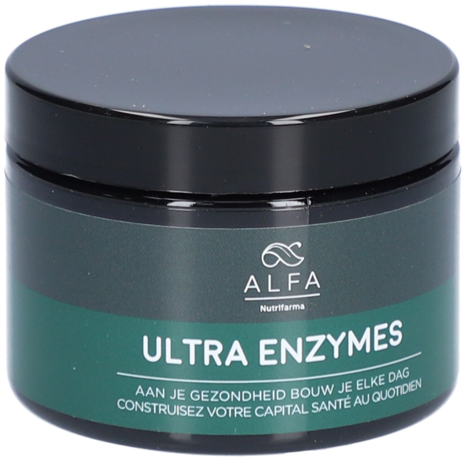 Dunkle Dose mit schwarzem Deckel. Aufschrift: ULTRA ENZYMES. Marke: ALFA. Grüner Streifen mit Text.