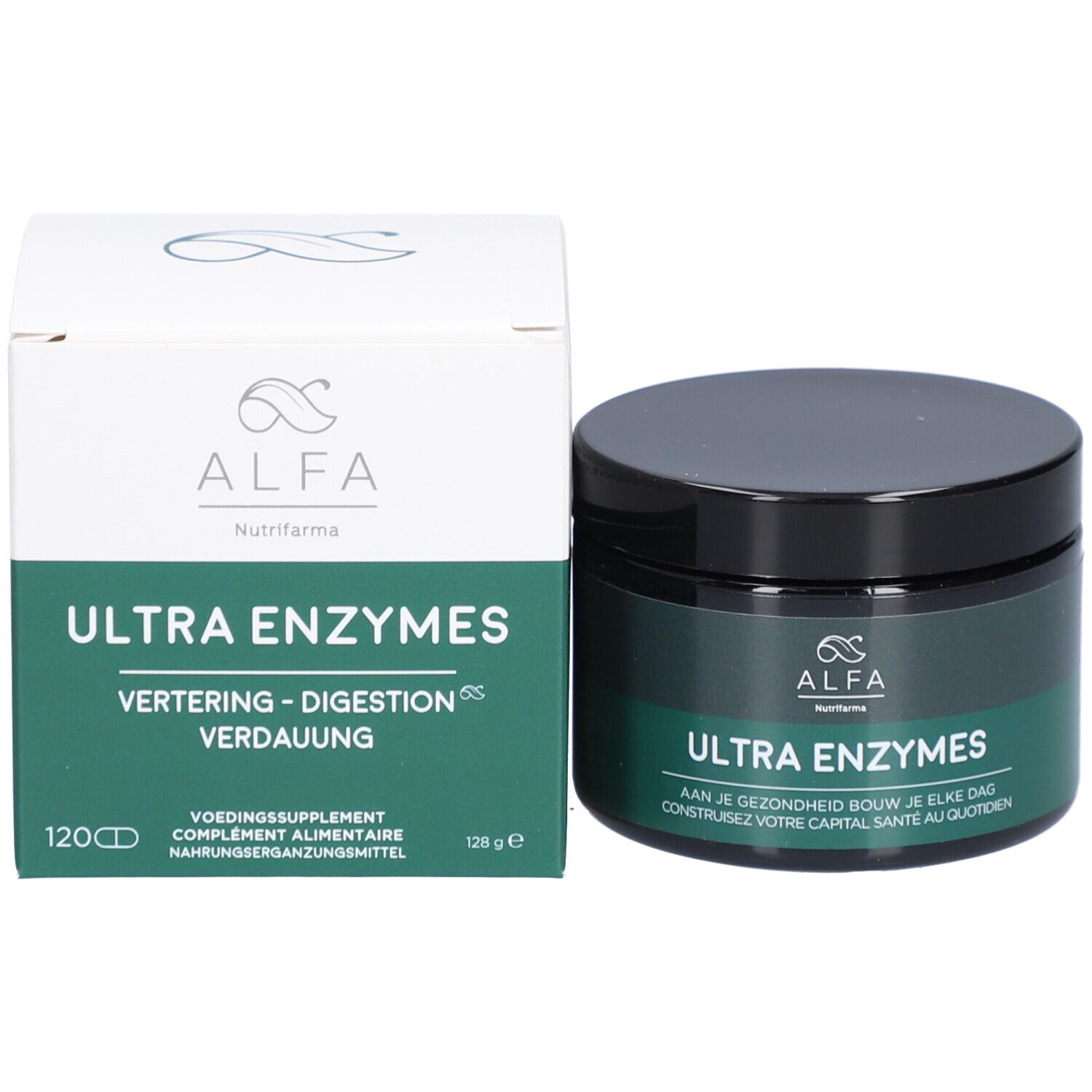 Produktverpackung mit Dose und Karton. Aufschrift: ULTRA ENZYMES. 120 Kapseln. Marke: ALFA. Grüner Hintergrund.
