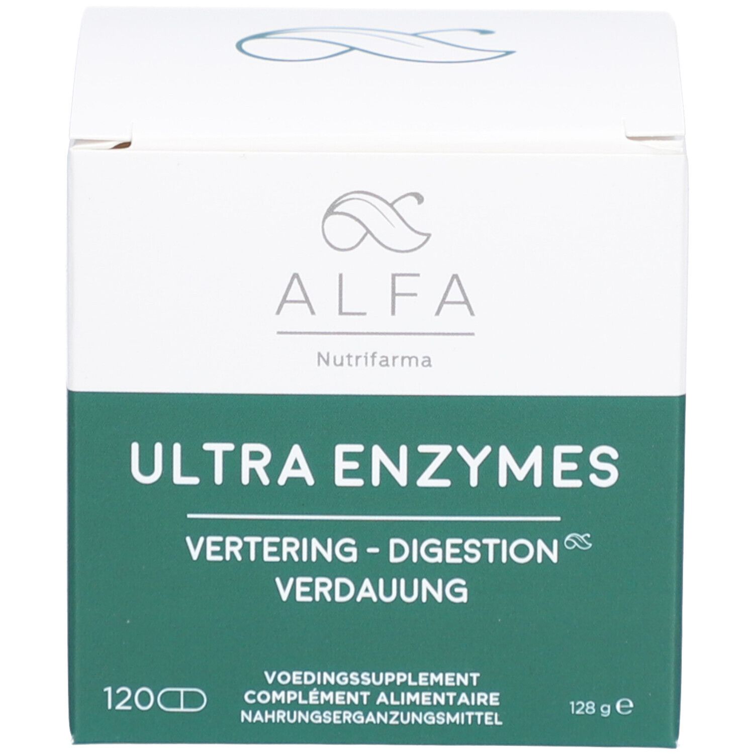 Produktverpackung. Aufschrift: ULTRA ENZYMES. 120 Kapseln. Marke: ALFA. Grüner Hintergrund.