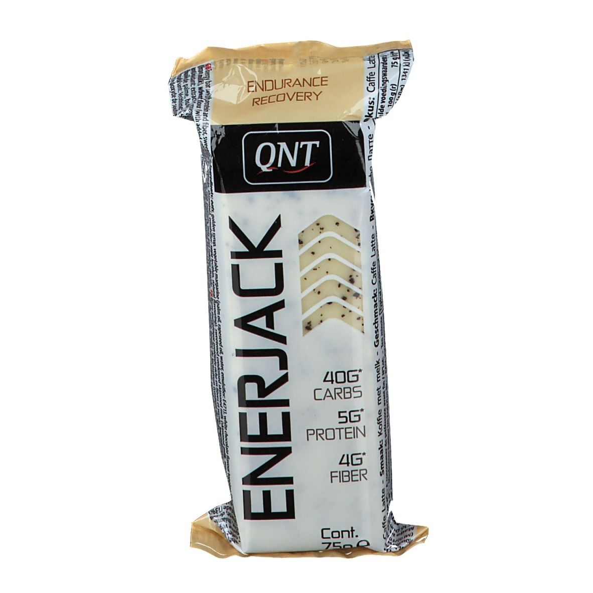 Einzelne QNT Enerjack-Kaffee Latte Riegel in Verpackung. Enthält 40g Kohlenhydrate, 5g Protein und 4g Ballaststoffe.