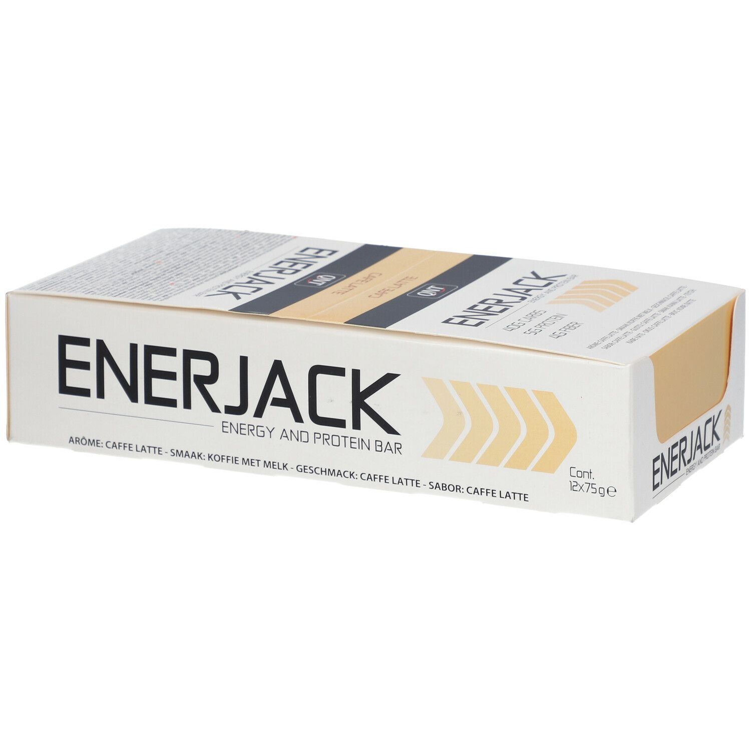 QNT Enerjack-Kaffee Latte Box mit 12 Riegeln. Aufschrift 'Energy and Protein Bar'. Geschmack: Kaffee Latte.