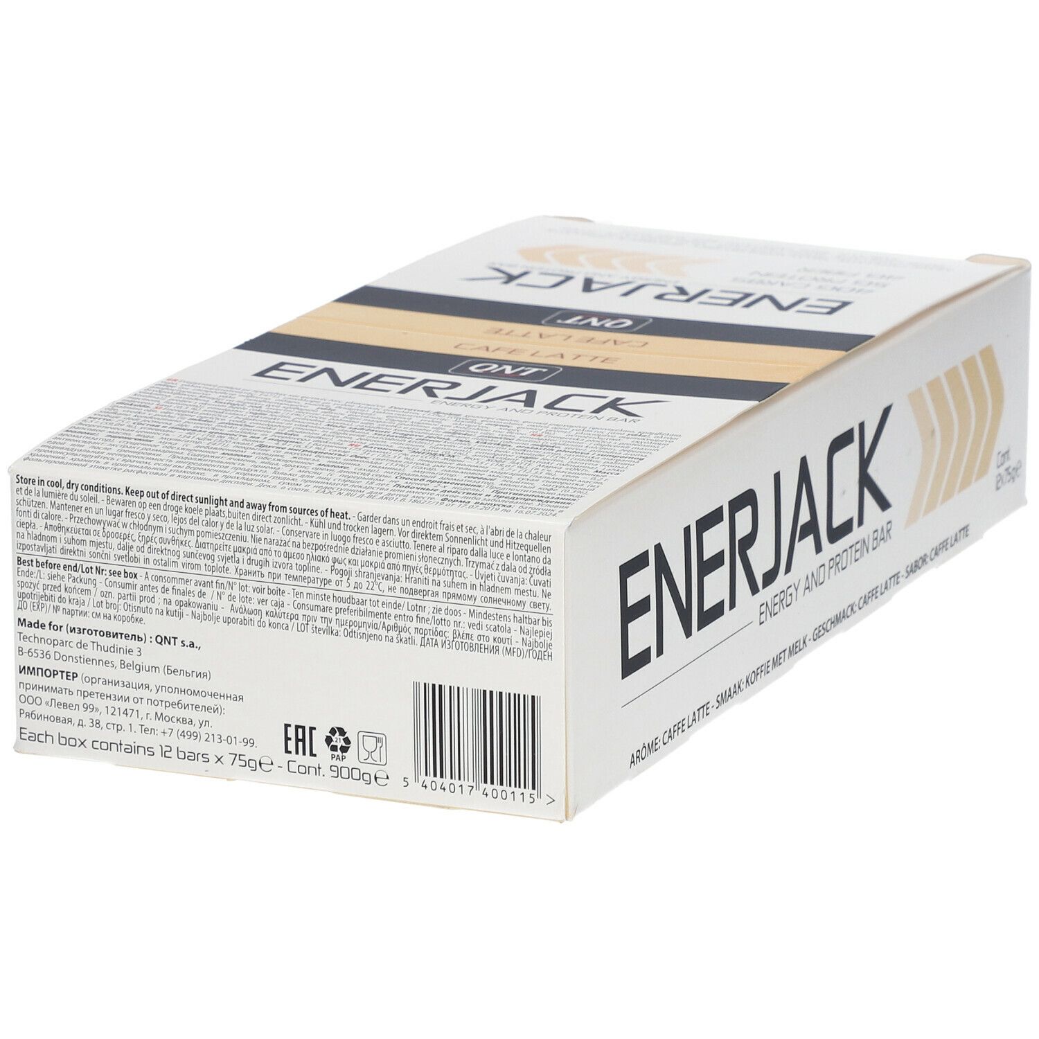 QNT Enerjack-Kaffee Latte Box mit 12 Riegeln. Enthält Informationen zu Inhaltsstoffen und Nährwerten. Barcode sichtbar.